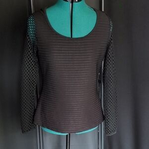 Gothic Black Ribbed Fitted Long Sleeve Blouse Net Sleeves